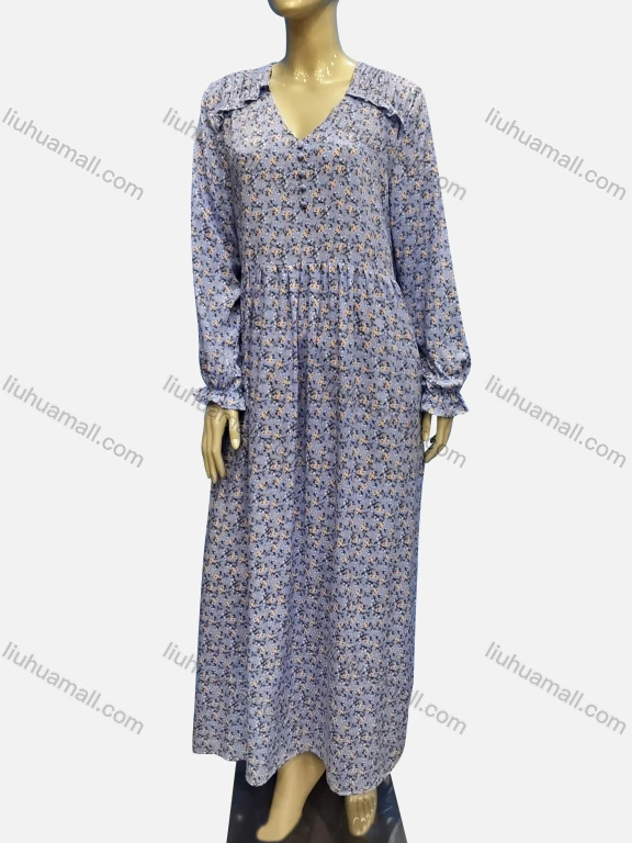 Wholesale Women's Casual V Neck Ruffle Trim Ditsy Floral Button Front Ruched Maxi Dress	