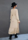Wholesale Women's Fashion V Neck Poet Sleeve Layered Plain Casual Midi Dress X2448X# - Liuhuamall