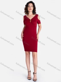 Wholesale Women's Casual V Neck Short Sleeve Button Decor Plain Dress, LIUHUA CLOTHING WHOLESALE