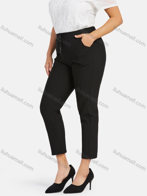 Wholesale Women's Casual Plus Size High Elastic Striped Print Cropped Stright Leg Pants With Drawstring 33101#