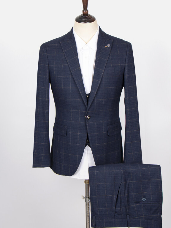 Men's Plaid Print Single Breasted Flap Pockets Lapel Blazer & Vest & Suit Pants 3-Piece Suit Sets SD220330S#, Clothing Wholesale Market -LIUHUA, 