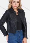 Wholesale Women's Fashion Lapel Button Front Patch Pockets Plain Crop Leather Jacket - Liuhuamall