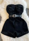 Wholesale Women's Sexy Plain Strapless Side Pockets Denim Romper With Belt - Liuhuamall