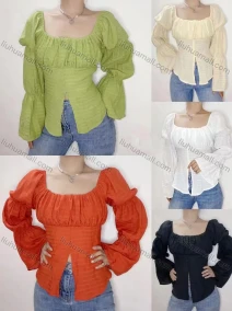Wholesale Women's Sexy Square Neck Marie Sleeve Split Front Plain Blouse, LIUHUA CLOTHING WHOLESALE