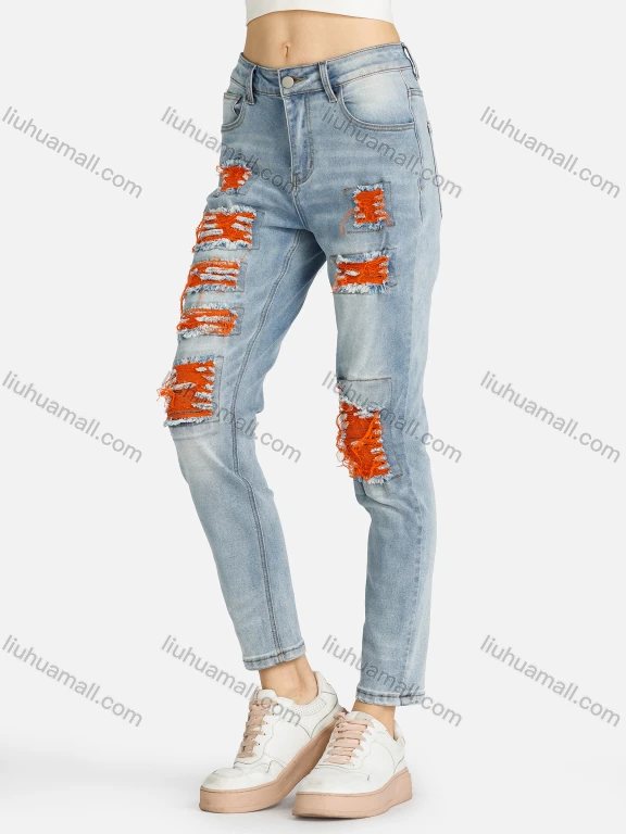 Wholesale Women's Casual Ripped Frayed Raw Patches Pockets Slim Fit Stretch Jean