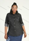 Wholesale Women's Plus Size Long Sleeve Button Down Flap Pockets Denim Casual Shirt - Liuhuamall