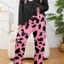 Wholesale Women's Lounge Milk Silk Letter Print Long Sleeve Crew Neck T-shirt & Cow Print Pant Soft Pajamas Sets DM02402-01# preview
