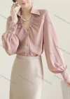 Wholesale Women's Fashion Collar V Neck Bishop Sleeve Pearl Decor Ruched Button Down Plain Shirts 436954# - Liuhuamall