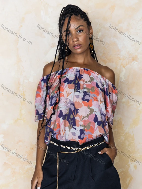 Wholesale Women's Casual Off Shoulder Layered Short Sleeve Floral Ruched Woven Blouse V5455#
