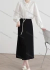 Wholesale Women's Casual Ruffle Neck Lantern Sleeve Tether Front Pearl Decor Ruffle Trim Plain Blouse 272856# - Liuhuamall