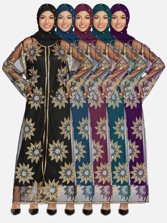 Women's Islamic Muslim Floral Sequin Self Tie Maxi Kimono Cover Up Dress, Clothing Wholesale Market -LIUHUA, 