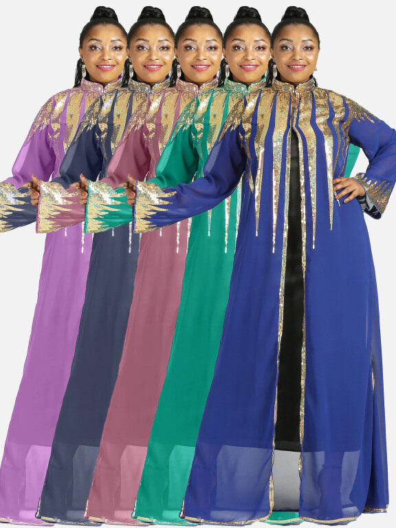 Women's Muslim Stand Collar Long Sleeve Sequin Glitter Maxi Kimono Cover Up Cardigan, Clothing Wholesale Market -LIUHUA, 