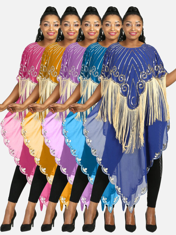 Women's Muslim Sequin Scallop Edge Pullover Triangular Hem Sheer Mesh Cover Up Cloak, Clothing Wholesale Market -LIUHUA, 