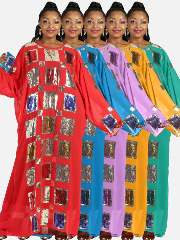 Women's Islamic Muslim Round Neck Maxi Kaftan Long Sleeve Square Sequin Cover Up, Clothing Wholesale Market -LIUHUA, 