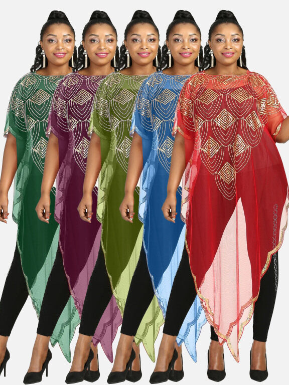 Women's Muslim Islamic Glamorous Triangle Hem Sequin Mesh Translucent Cover Up Cloak, Clothing Wholesale Market -LIUHUA, 