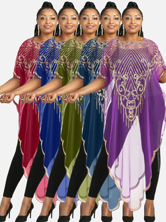 Women's Muslim Islamic Glamorous Triangle Hem Arabic Dubai Sequin Mesh Translucent Cover Up Cloak, Clothing Wholesale Market -LIUHUA, 