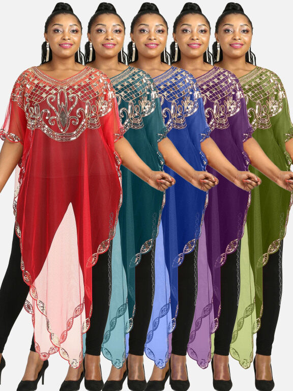 Women's Arabic Dubai Glamorous Triangle Hem Muslim Islamic Sequin Mesh Translucent Cover Up Cloak, Clothing Wholesale Market -LIUHUA, 