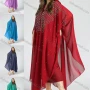 Wholesale Women's Vintage Islamic Muslim V-Neck Arabic Dubai Maxi Asymmetrical Hem Glitter Cover Up Kaftan With Scarf preview