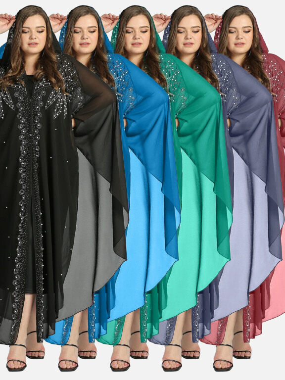 Women's Arabic Dubai V Neck Glamorous Rhinestone Muslim Islamic Cover Up Cardigan With Scarf, Clothing Wholesale Market -LIUHUA, 