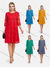 Wholesale Women's Elegant High Waist Sheer Lace Embroidery Sleeve Short Dress, LIUHUA CLOTHING WHOLESALE