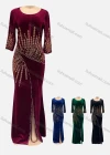 Wholesale Women's Elegant Rhinestone Beaded Velvet Slit Front 3/4 Sleeve Bodycon Maxi Dress - Liuhuamall