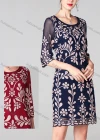 Wholesale Women's Elegant High Waist Crew Neck Half Sleeve Floral Embroidery Knee Length Dress - Liuhuamall
