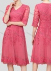 Wholesale Women's Elegant High Waist V Neck Short Sleeve Sheer Mesh Floral Embroidery Knee Length Dress - Liuhuamall