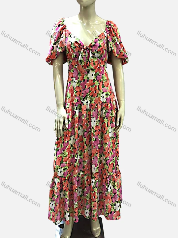 Wholesale Women's Casual Chiffon V Neck Puff Sleeve Ditsy Floral Ruched Maxi Dress