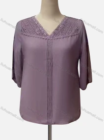 Wholesale Women's Casual V Neck Short Sleeve Appliques Blouse, LIUHUA CLOTHING WHOLESALE