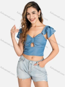 Wholesale Women's Casual Layered Sleeve Shirred Cutout Crop Tops Q5943#, LIUHUA CLOTHING WHOLESALE