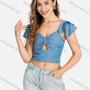 Wholesale Women's Casual Layered Sleeve Shirred Cutout Crop Tops Q5943# preview