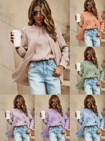 Wholesale Women's Casual Stand Collar Plain 2-in-1 Button Down Shirt Blouse, LIUHUA CLOTHING WHOLESALE