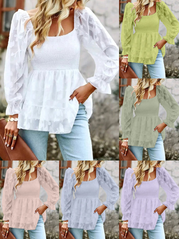 Women's Casual U Neck Lace Poet Sleeve Shirred Ruffle Trim Plain Blouse, Clothing Wholesale Market -LIUHUA, WOMEN, Blouses-Shirts