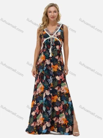 Wholesale Women's V Neck Sleeveless Multicolor Plant Print Side Slit Maxi Dress K374#, LIUHUA CLOTHING WHOLESALE