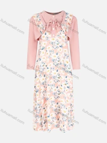 Wholesale Girls Casual Splicing Floral Print Button Front Ruffle Trim Midi Dress, LIUHUA CLOTHING WHOLESALE