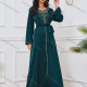 Wholesale Women's Fashion Plain Embroidery Long Sleeve Sequin Rhinestone Beaded Decor Abaya Dress With Belt Dark Green Wholesale Clothing Market & Suppliers -LIUHUAMALL