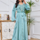 Wholesale Women's Fashion Plain Embroidery Long Sleeve Sequin Rhinestone Beaded Decor Abaya Dress With Belt Light Blue Wholesale Clothing Market & Suppliers -LIUHUAMALL