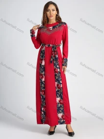 Wholesale Women's Elegant Long Sleeve Rhinestone Floral Print Splicing Maxi Dress With Belt, LIUHUA CLOTHING WHOLESALE