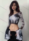 Wholesale Women's Sexy Trumpet Sleeve Allover Print Lettuce Trim Mesh Crop Top Q22TP1462# - Liuhuamall
