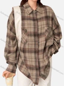Wholesale Women's Casual Loose Fit Drop Shoulder Plaid Print Patch Pockets Button Down Shirt, LIUHUA CLOTHING WHOLESALE