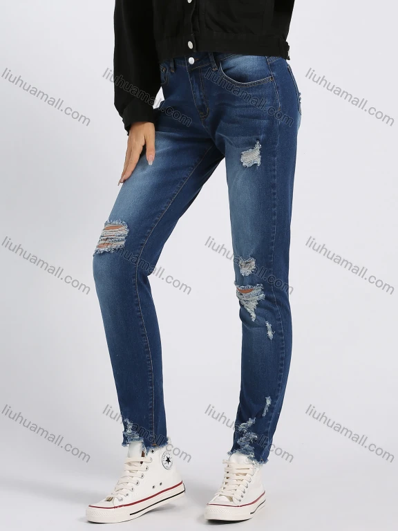 Wholesale Women's Casual Ripped Distressed Patch Pocket High Waist Skinny Jeans