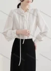 Wholesale Women's Casual Ruffle Neck Lantern Sleeve Tether Front Pearl Decor Ruffle Trim Plain Blouse 272856# - Liuhuamall