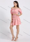 Wholesale Women's Layered Ruffled Trim Shirred Off Shoulder Plain Crop Top 2 Piece Set - Liuhuamall