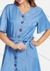 Wholesale Women's Casual V Neck High Low Hem Plain Button Down Midi Dress With Belt - Liuhuamall