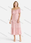 Wholesale Women's Off Shoulder Ditsy Floral Print Button Down Ruffle Hem Midi Dress With Belt - Liuhuamall