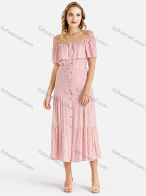Wholesale Women's Off Shoulder Ditsy Floral Print Button Down Ruffle Hem Midi Dress With Belt, LIUHUA CLOTHING WHOLESALE