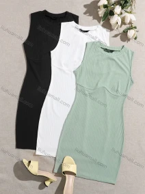 Wholesale Women's Casual Plain Crew Neck Sleeveless High Waist Short Tank Dress, LIUHUA CLOTHING WHOLESALE