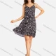 Wholesale Women's Elegant Allover Print V Neck Buttons Front Ruffle Hem Short Cami Dress With Belt Charcoal Gray Clothing Wholesale Market Liuhua
