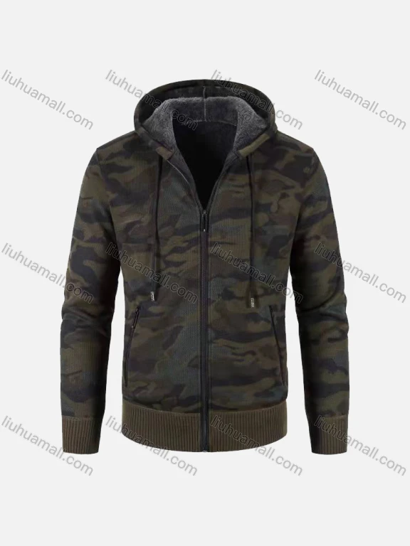 Wholesale Men's Casual Long Sleeve Zipper Camouflage Knit Hooded Jackets With Thermal Lined