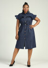 Wholesale Women's Casual Collared Short Ruffle Sleeve Button Down Belted Midi Denim Dress - Liuhuamall